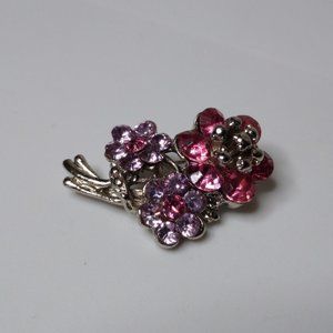 Vintage Pink And Purple Metal And Glass Flower Brooch